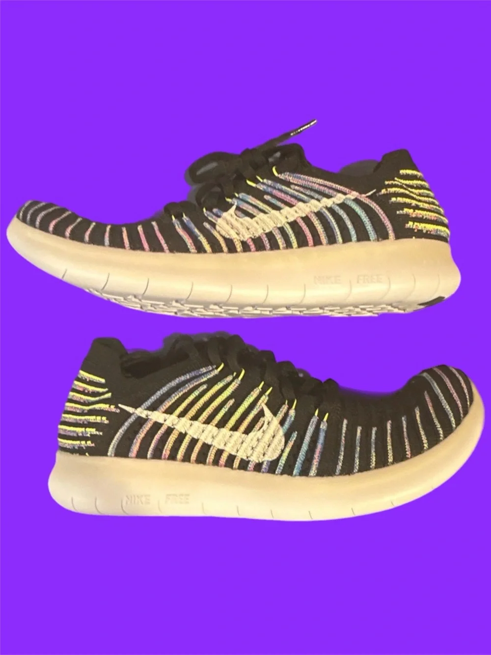Nike FREE RN FLYKNIT RUNNING SHOE BLACK RAINBOW WOMENS Size 10